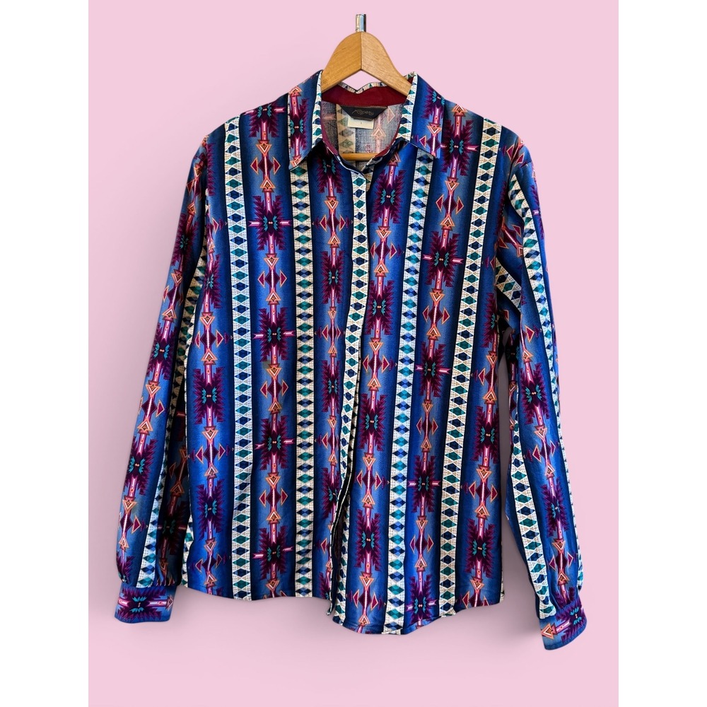 Vtg 90's Roper Wmns L Western Cowgirl Colorful Aztec Geometric Button Down Shirt